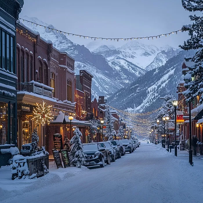 A snow-covered street in a mountain town telluride colorado, lined with festive lights and cozy shops. The distant snow-capped peaks rise in the background, creating a picturesque winter scene.